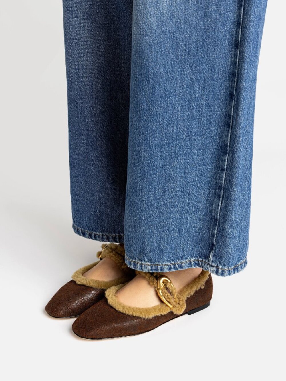 Larroude Verona Ballet Flats Cocoa Brown Leather Natural Shearling Mary Jane NWT - Picture 3 of 7